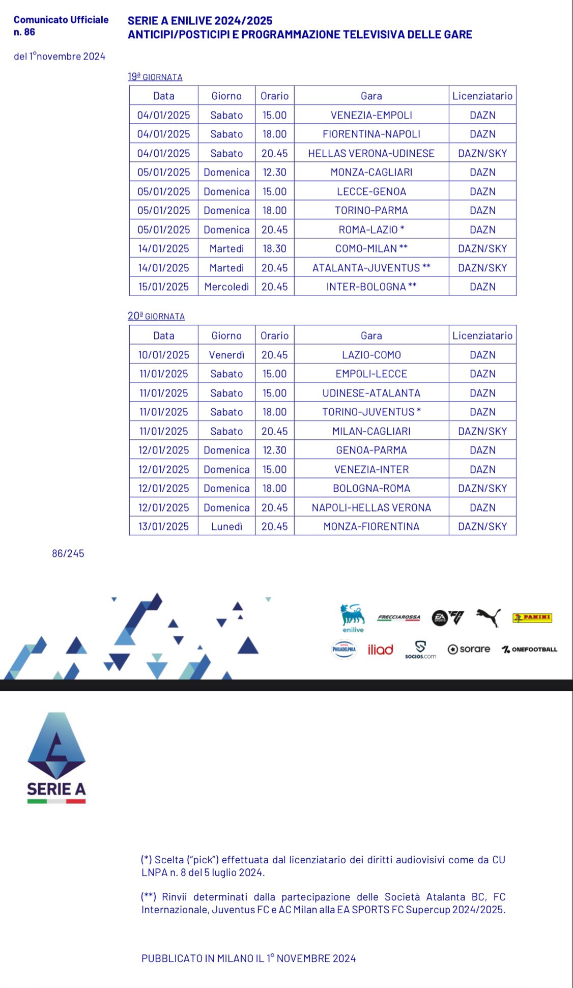Serie A, ufficiali date e orari delle gare contro Como e Cagliari...